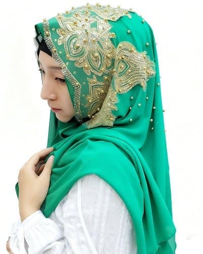 وشاح شيفون بالجواهر المقلعة والحلي المُضبَّط للمسلمات - غطاء رأس عربي مع حماية من الشمس ونعومة التنفس